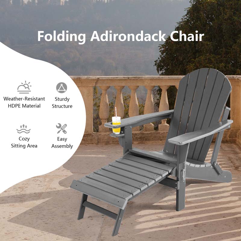 All-Weather HDPE Folding Adirondack Chair with Retractable Ottoman & Cup Holder, Outdoor Patio Fire Pit Lounge Chair for Backyard, Poolside