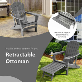All-Weather HDPE Folding Adirondack Chair with Retractable Ottoman & Cup Holder, Outdoor Patio Fire Pit Lounge Chair for Backyard, Poolside
