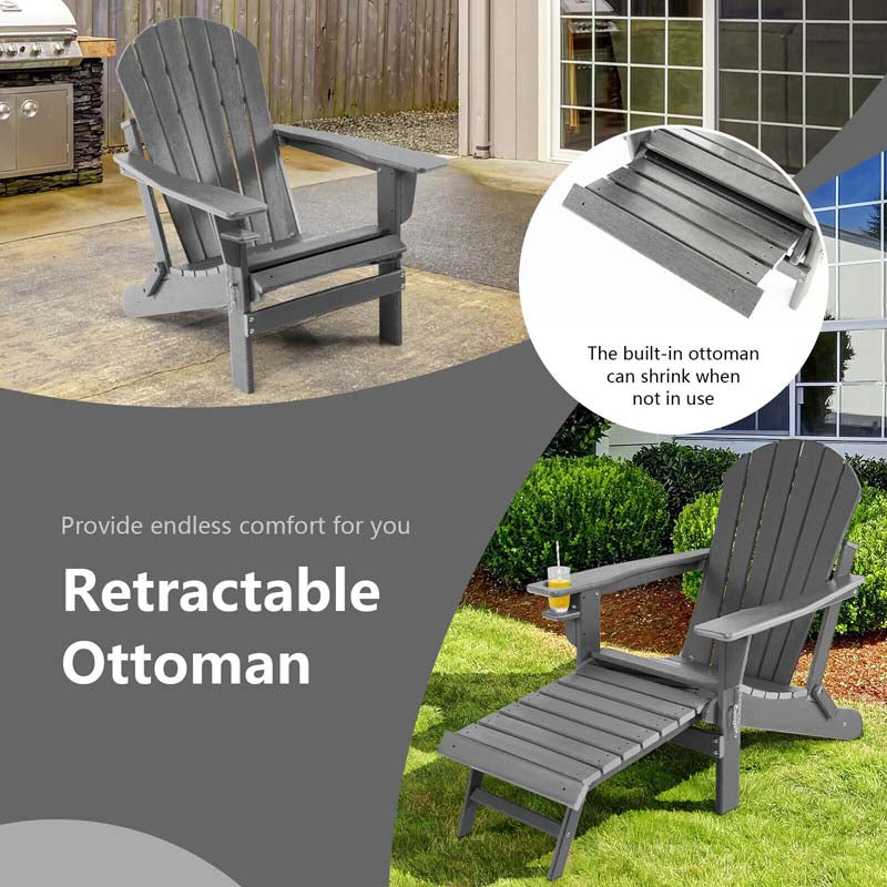 All-Weather HDPE Folding Adirondack Chair with Retractable Ottoman & Cup Holder, Outdoor Patio Fire Pit Lounge Chair for Backyard, Poolside