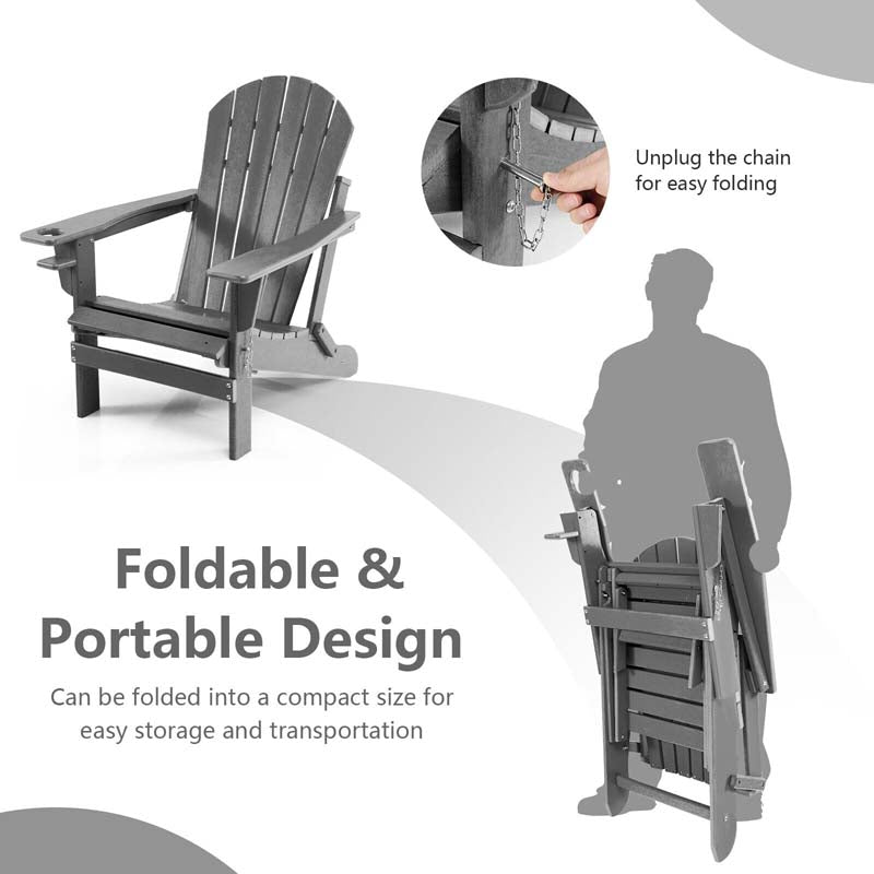 All-Weather HDPE Folding Adirondack Chair with Retractable Ottoman & Cup Holder, Outdoor Patio Fire Pit Lounge Chair for Backyard, Poolside