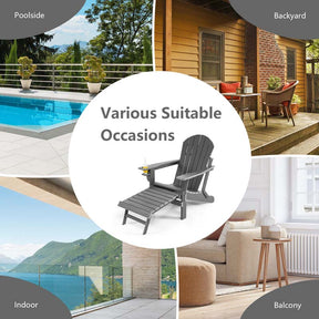 All-Weather HDPE Folding Adirondack Chair with Retractable Ottoman & Cup Holder, Outdoor Patio Fire Pit Lounge Chair for Backyard, Poolside