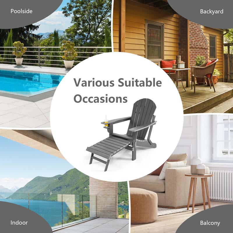 All-Weather HDPE Folding Adirondack Chair with Retractable Ottoman & Cup Holder, Outdoor Patio Fire Pit Lounge Chair for Backyard, Poolside