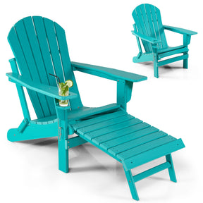 All-Weather HDPE Folding Adirondack Chair with Retractable Ottoman & Cup Holder, Outdoor Patio Fire Pit Lounge Chair for Backyard, Poolside