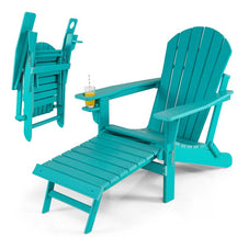 All-Weather HDPE Folding Adirondack Chair with Retractable Ottoman & Cup Holder, Outdoor Patio Fire Pit Lounge Chair for Backyard, Poolside