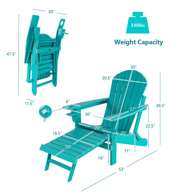 All-Weather HDPE Folding Adirondack Chair with Retractable Ottoman & Cup Holder, Outdoor Patio Fire Pit Lounge Chair for Backyard, Poolside