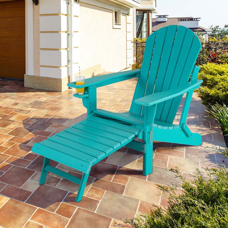 All-Weather HDPE Folding Adirondack Chair with Retractable Ottoman & Cup Holder, Outdoor Patio Fire Pit Lounge Chair for Backyard, Poolside