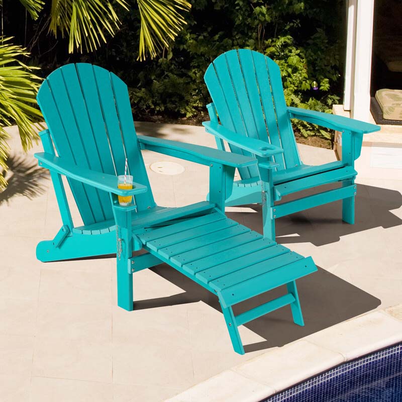 All-Weather HDPE Folding Adirondack Chair with Retractable Ottoman & Cup Holder, Outdoor Patio Fire Pit Lounge Chair for Backyard, Poolside