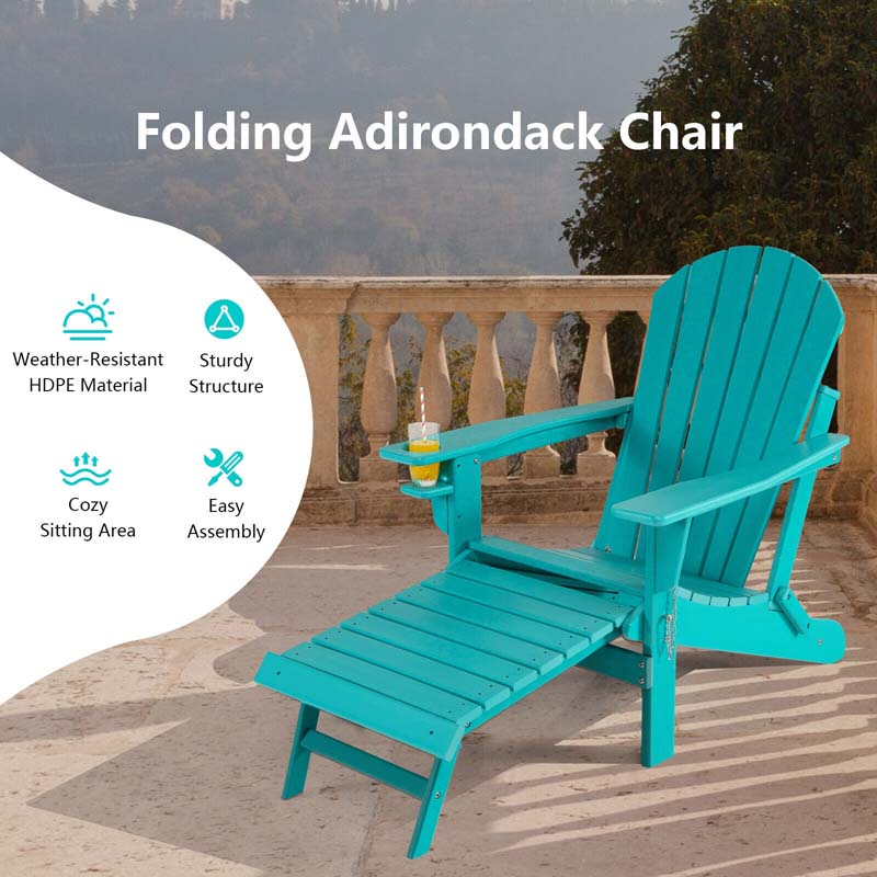 All-Weather HDPE Folding Adirondack Chair with Retractable Ottoman & Cup Holder, Outdoor Patio Fire Pit Lounge Chair for Backyard, Poolside