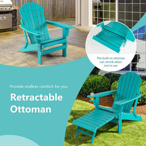 All-Weather HDPE Folding Adirondack Chair with Retractable Ottoman & Cup Holder, Outdoor Patio Fire Pit Lounge Chair for Backyard, Poolside