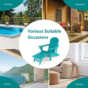 All-Weather HDPE Folding Adirondack Chair with Retractable Ottoman & Cup Holder, Outdoor Patio Fire Pit Lounge Chair for Backyard, Poolside