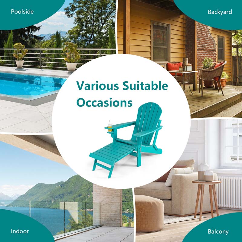 All-Weather HDPE Folding Adirondack Chair with Retractable Ottoman & Cup Holder, Outdoor Patio Fire Pit Lounge Chair for Backyard, Poolside