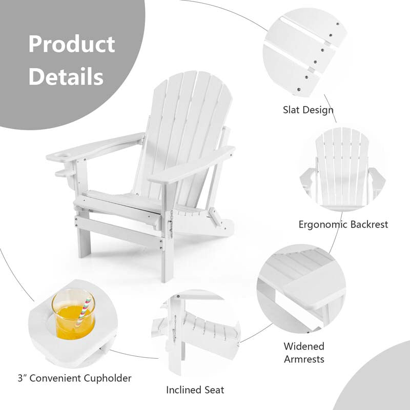 All-Weather HDPE Folding Adirondack Chair with Retractable Ottoman & Cup Holder, Outdoor Patio Fire Pit Lounge Chair for Backyard, Poolside