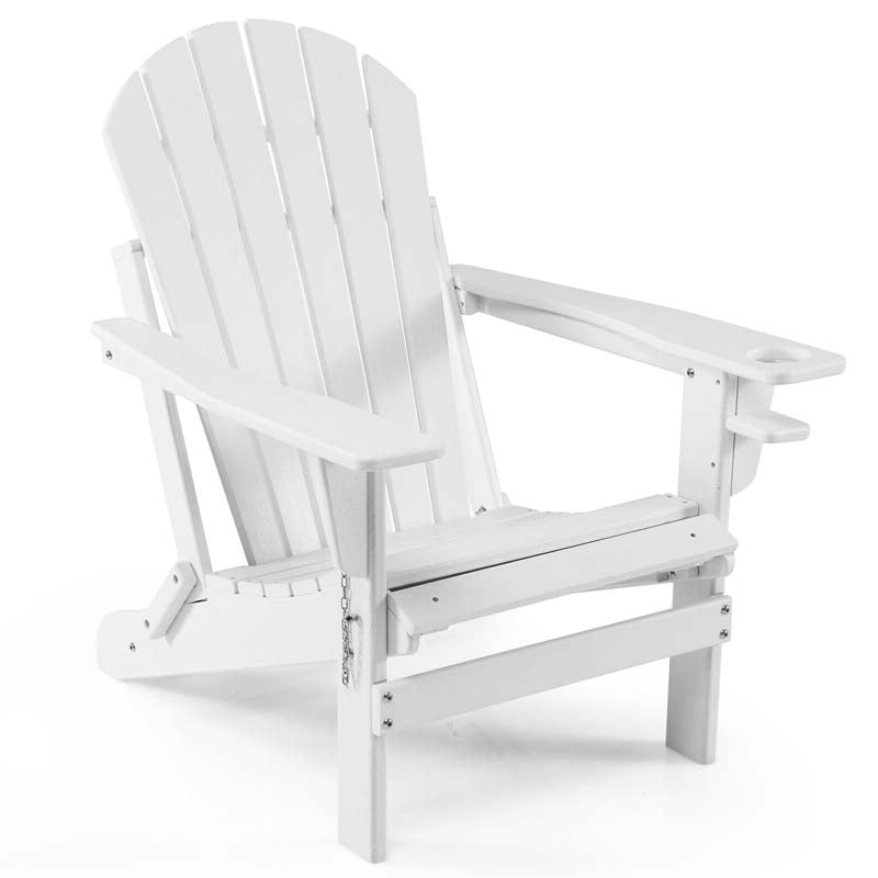 All-Weather HDPE Folding Adirondack Chair with Retractable Ottoman & Cup Holder, Outdoor Patio Fire Pit Lounge Chair for Backyard, Poolside