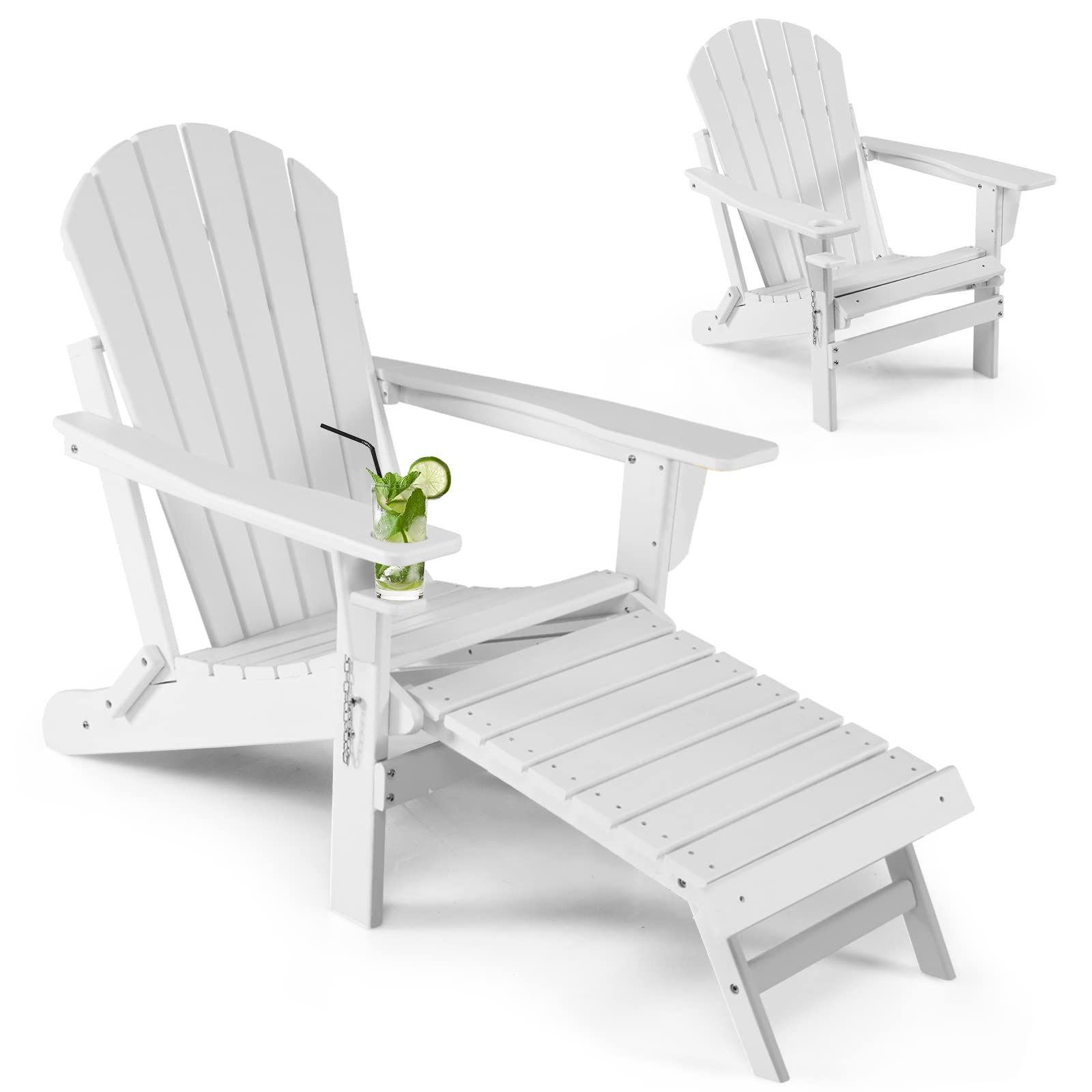 All-Weather HDPE Folding Adirondack Chair with Retractable Ottoman & Cup Holder, Outdoor Patio Fire Pit Lounge Chair for Backyard, Poolside