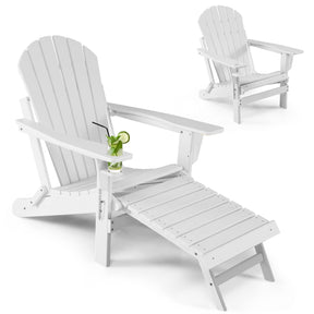 All-Weather HDPE Folding Adirondack Chair with Retractable Ottoman & Cup Holder, Outdoor Patio Fire Pit Lounge Chair for Backyard, Poolside