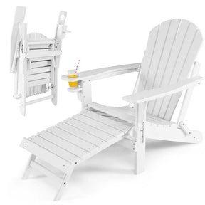 All-Weather HDPE Folding Adirondack Chair with Retractable Ottoman & Cup Holder, Outdoor Patio Fire Pit Lounge Chair for Backyard, Poolside