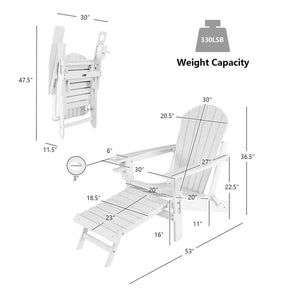 All-Weather HDPE Folding Adirondack Chair with Retractable Ottoman & Cup Holder, Outdoor Patio Fire Pit Lounge Chair for Backyard, Poolside