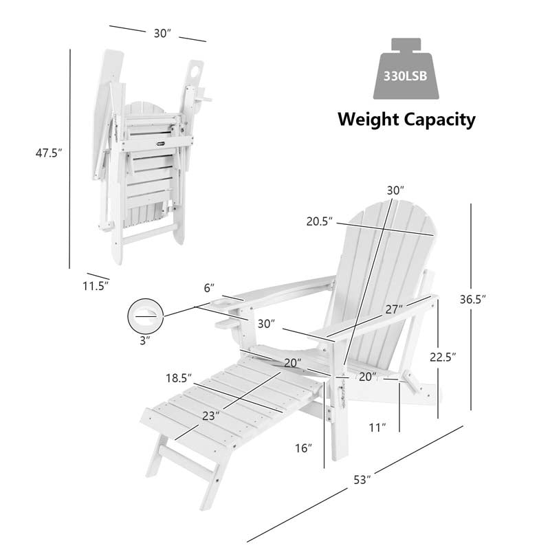 All-Weather HDPE Folding Adirondack Chair with Retractable Ottoman & Cup Holder, Outdoor Patio Fire Pit Lounge Chair for Backyard, Poolside