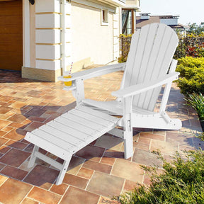 All-Weather HDPE Folding Adirondack Chair with Retractable Ottoman & Cup Holder, Outdoor Patio Fire Pit Lounge Chair for Backyard, Poolside