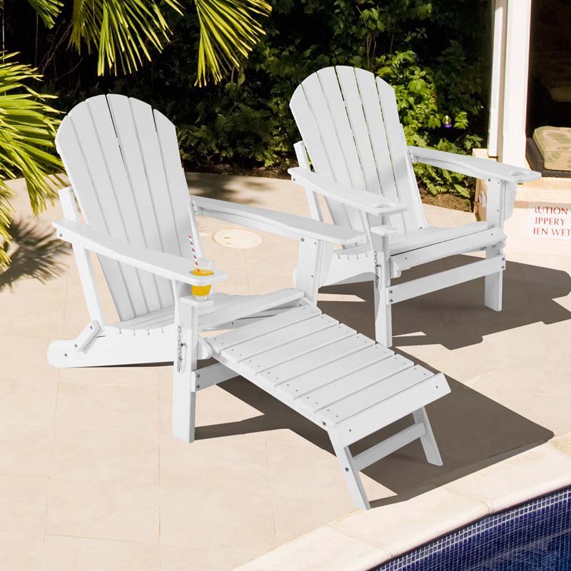 All-Weather HDPE Folding Adirondack Chair with Retractable Ottoman & Cup Holder, Outdoor Patio Fire Pit Lounge Chair for Backyard, Poolside