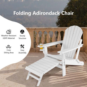 All-Weather HDPE Folding Adirondack Chair with Retractable Ottoman & Cup Holder, Outdoor Patio Fire Pit Lounge Chair for Backyard, Poolside
