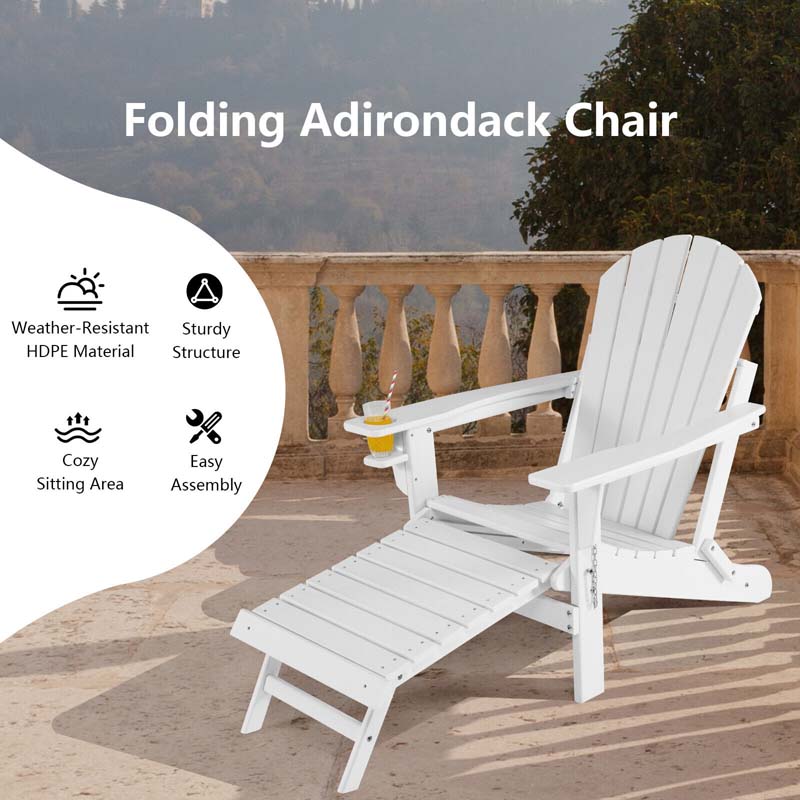 All-Weather HDPE Folding Adirondack Chair with Retractable Ottoman & Cup Holder, Outdoor Patio Fire Pit Lounge Chair for Backyard, Poolside