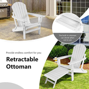 All-Weather HDPE Folding Adirondack Chair with Retractable Ottoman & Cup Holder, Outdoor Patio Fire Pit Lounge Chair for Backyard, Poolside
