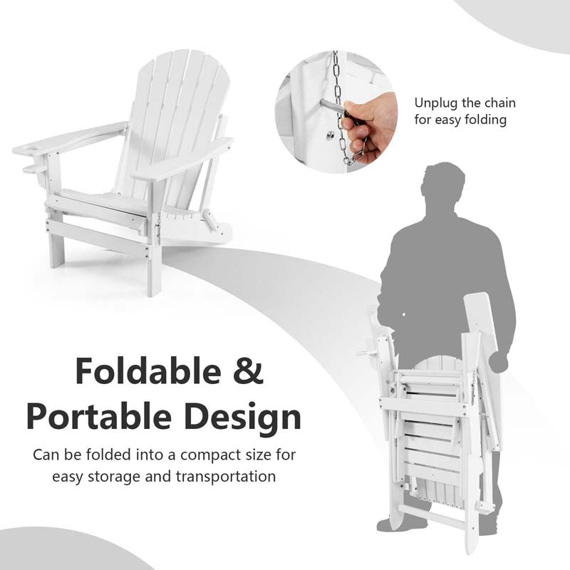 All-Weather HDPE Folding Adirondack Chair with Retractable Ottoman & Cup Holder, Outdoor Patio Fire Pit Lounge Chair for Backyard, Poolside