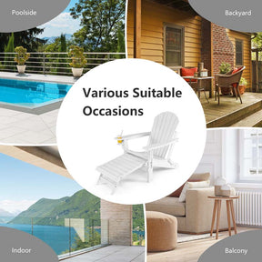 All-Weather HDPE Folding Adirondack Chair with Retractable Ottoman & Cup Holder, Outdoor Patio Fire Pit Lounge Chair for Backyard, Poolside