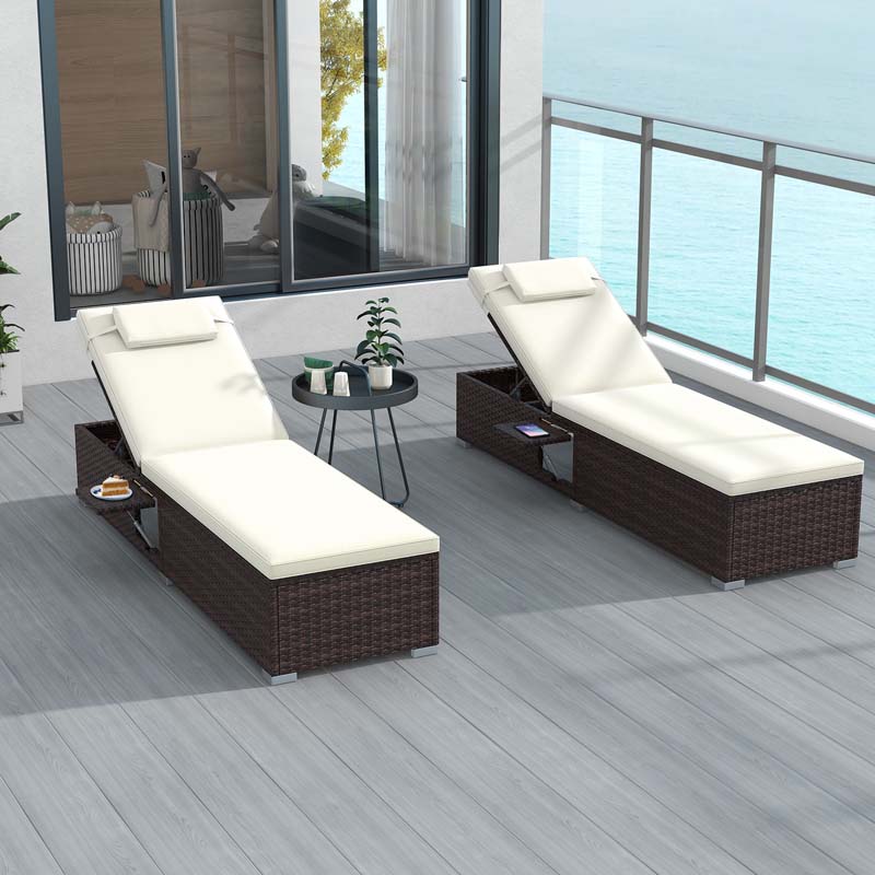 Patio Rattan Chaise Lounge, Outdoor Wicker Reclining Chair w/ 6-Level Adjustable Backrest, Cushion & Headrest for Backyard Poolside