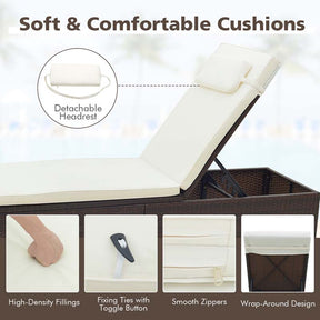 Patio Rattan Chaise Lounge, Outdoor Wicker Reclining Chair w/ 6-Level Adjustable Backrest, Cushion & Headrest for Backyard Poolside