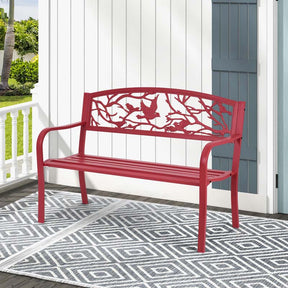 50" Heavy-Duty Metal Garden Bench with Cast Iron Bird & Twig Backrest, Ergonomic Armrests, 600lb Capacity Outdoor Bench for Patio, Porch & Park