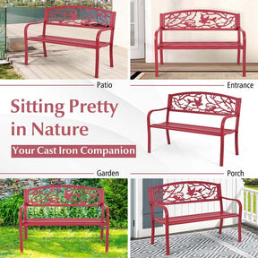 50" Heavy-Duty Metal Garden Bench with Cast Iron Bird & Twig Backrest, Ergonomic Armrests, 600lb Capacity Outdoor Bench for Patio, Porch & Park