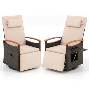 Outdoor Rattan 360° Swivel Recliner Chair, Patio Wicker Chaise Lounge Chair with Adjustable Backrest & Footrest, Flip Side Table & Cushions