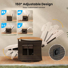 Outdoor Rattan 360° Swivel Recliner Chair, Patio Wicker Chaise Lounge Chair with Adjustable Backrest & Footrest, Flip Side Table & Cushions