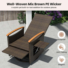 Outdoor Rattan 360° Swivel Recliner Chair, Patio Wicker Chaise Lounge Chair with Adjustable Backrest & Footrest, Flip Side Table & Cushions