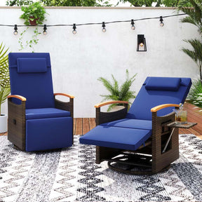 Outdoor Rattan 360° Swivel Recliner Chair, Patio Wicker Chaise Lounge Chair with Adjustable Backrest & Footrest, Flip Side Table & Cushions