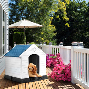 Waterproof Plastic Dog House with Elevated Floor & Air Vents for Small & Medium Dogs, Indoor Outdoor Dog Kennel Cat House Feeding Station