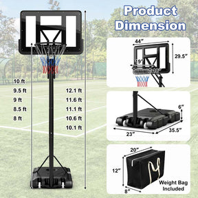 8-10FT 5-Level Height Adjustable Basketball Goal Stand with 44" Backboard, Portable Basketball Hoop Outdoor Indoor