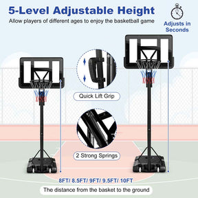 8-10FT 5-Level Height Adjustable Basketball Goal Stand with 44" Backboard, Portable Basketball Hoop Outdoor Indoor