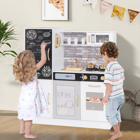 Large Wooden Kids Kitchen Playset, Little Chef Pretend Toy Kitchen Set w/Chalkboard, Microwave, Real Sounds & Lights for Toddlers Age 3+