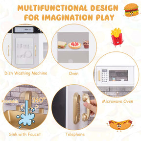 Large Wooden Kids Kitchen Playset, Little Chef Pretend Toy Kitchen Set w/Chalkboard, Microwave, Real Sounds & Lights for Toddlers Age 3+