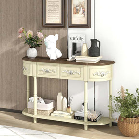 52" Retro Half-Moon Console Table with Storage Drawers & Open Shelf, Vintage Solid Wood Long Narrow Sofa Table for Entryway, Living Room, Hallway