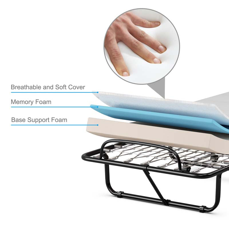 75" x 31" Rollaway Folding Bed with 4" Memory Foam Mattress, Portable Fold Up Guest Bed with Metal Frame and Wheels