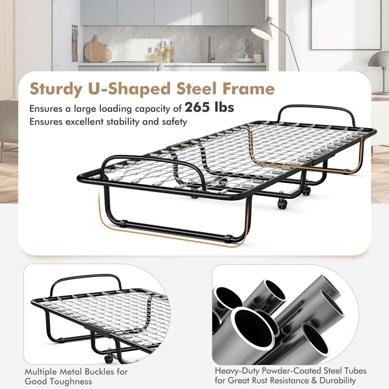 75" x 31" Rollaway Folding Bed with 4" Memory Foam Mattress, Portable Fold Up Guest Bed with Metal Frame and Wheels