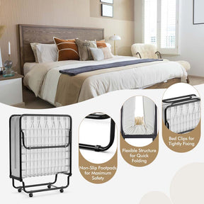 75" x 31" Rollaway Folding Bed with 4" Memory Foam Mattress, Portable Fold Up Guest Bed with Metal Frame and Wheels