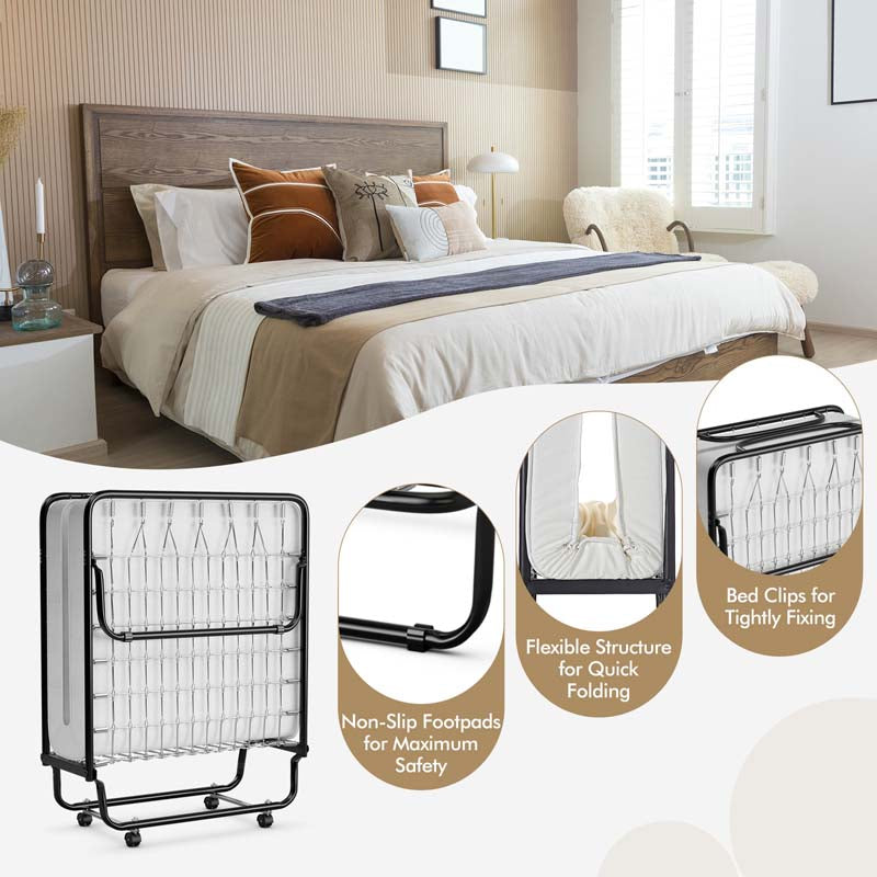 75" x 31" Rollaway Folding Bed with 4" Memory Foam Mattress, Portable Fold Up Guest Bed with Metal Frame and Wheels