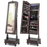 Standing Jewelry Armoire with Full-Length Mirror, Drawers, Lights & Wheels, Lockable Mirror Jewelry Cabinet Storage Organizer