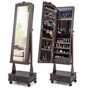 Standing Jewelry Armoire with Full-Length Mirror, Drawers, Lights & Wheels, Lockable Mirror Jewelry Cabinet Storage Organizer