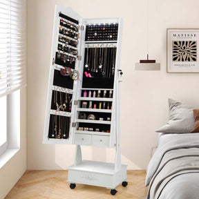 Standing Jewelry Armoire with Full-Length Mirror, Drawers, Lights & Wheels, Lockable Mirror Jewelry Cabinet Storage Organizer